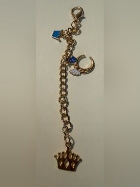 Gold Tone Crescent Moon Charm Chain with Blue & White Enamel